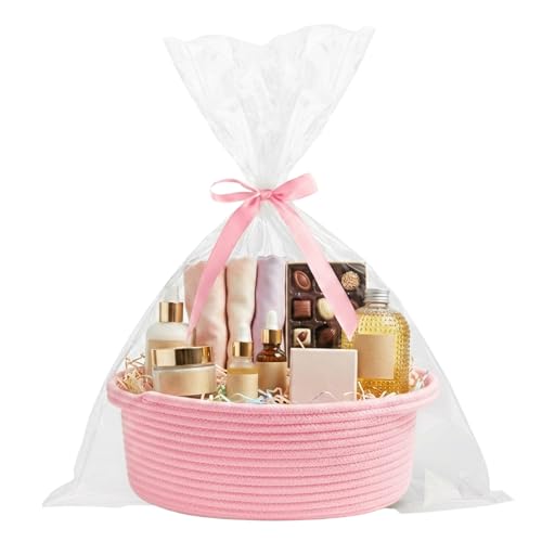 ShellKingdom Gift Basket with Gift Bags, Ribbon for Mother‘s Day, Father's Day, Birthday, Empty Small Woven Baskets for Home, Nursery Storage Organizer, 13.3 X 6.6 X 3.5 INCH, Pink