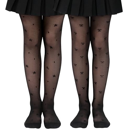 LOLANTA Pack de 2 Medias Transparentes con Diseño para Niña, Pantys Decorativos para Colegio, Fiesta, Baile y Ocasiones, Lazo de Estrella Negra, 8-9 años, L