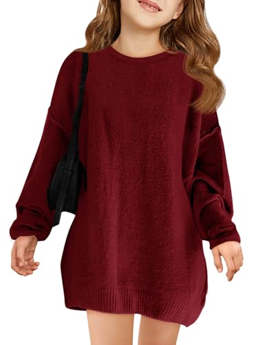 Haloumoning Girls Sweater Dress Casual Crewneck Knit Long Sleeve Fall Winter Dress Pullover 5-14Y