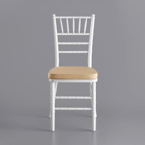 Miniatura 3 de Silla Chiavari de madera blanca, asiento acolchado dorado, 15.5x15.75x35 pulgadas, capacidad de 400 libras, apilable, uso en interiores y exteriores