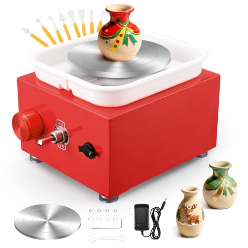 Torno Alfarero,Torno Ceramica 2000 RPM de Velocidad Ajustable,Torno de Alfarero con Placas de 10/6,5 cm,Kit Ceramica para Niños y Adultos（Rojo）