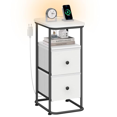 Hzuaneri Table de Chevet, Tables d'Appoint avec Éclairage LED, 1 Port USB-A,1 Port USB-C, Table de Nuit Étroite avec 2 Tiroirs en Tissu, pour Chambre à...