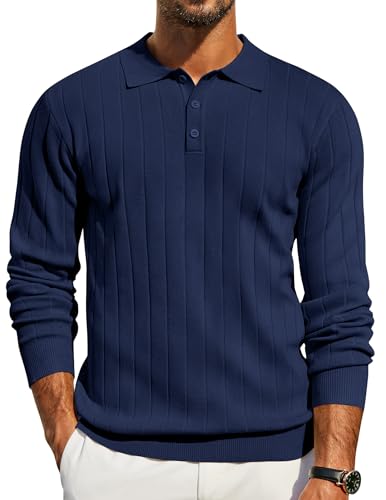 COOFANDY Herren Strick Poloshirt Langarm Business Strickpullover Mit Polokragen Regular Navy Blau L