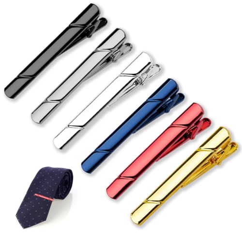 Image of MOWPOG 6 Pcs Tie Clips for Men, Tie Bar Pins Tacks with Gift Box | Copper, Shiny & Glossy, for Father, Husband, Boyfriend, Business, Wedding, Suit Accessories, Easy to Open, Won't Fade /Scratch