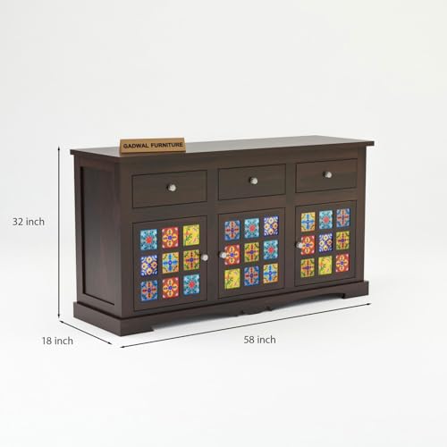 Image of Solid Sheesham Wood Wooden Sideboards & Chest of Drawer with 3 Drawers and 6 Shelves for Living Room or Bedroom Storage (Emboss, Walnut Finish)