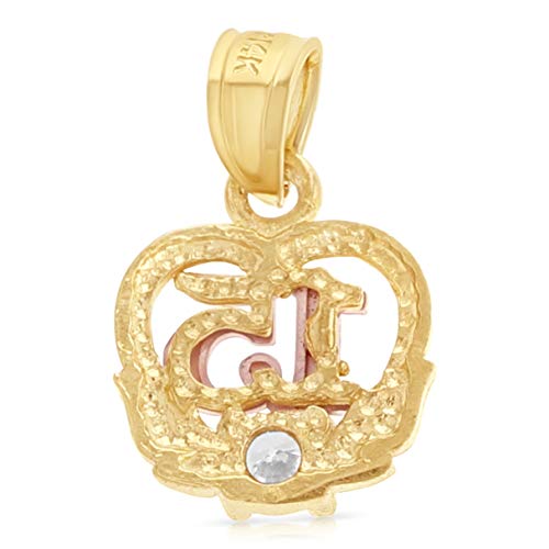 14K Tri Color Gold Sweet 15 Years Quinceanera Heart Cubic Zirconia CZ Charm Pendant with 1.5mm Valentino Chain Necklace4