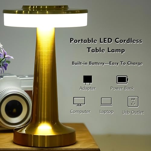 Image of Riakrum 4 Pcs LED Cordless Table Lamp Bulk Rechargeable,Gold | Portable Wireless Lamps, 3 Color Stepless Dimming, 15 Hour Battery, Touch Control, Wedding Home Restaurant Decor