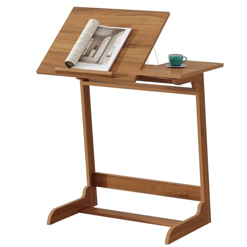 Tribesigns サイドテーブル 角度調整天板+角度固定天板 コの字 木製 差し込み ベッドサイドテーブル ベッド横 ソファー パソコンデスク 机 幅65×奥行37×高さ65cm