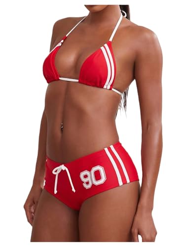 Maillot de bain 2 pièces rouge et blanc à motif triangle taille M pour femme