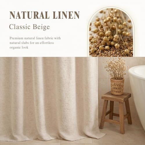 XOGUIBO Linen Shower Curtain Beige, Fabric Boho Farmhouse Shower Curtains for Bathroom Cream Cotton Natural Cloth Liner Set 72\" W x 72\" L