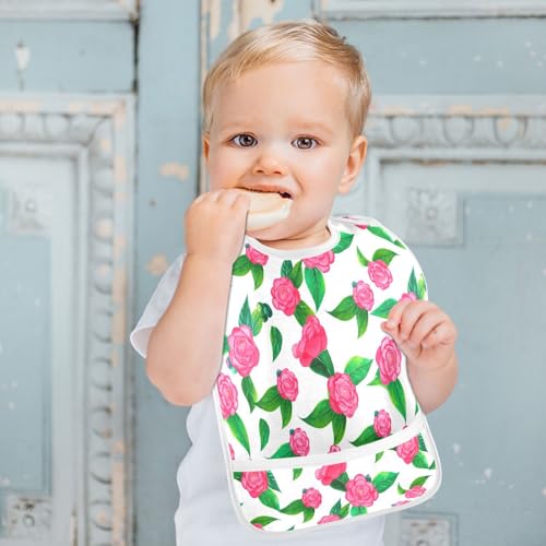 MCHIVER Camellia Floral White Baby Bibs for Boy Girl Toddler Waterproof Feeding Bib Apron with Food Cather Adjustable Cotton Food Eating Bib 2 Pack4