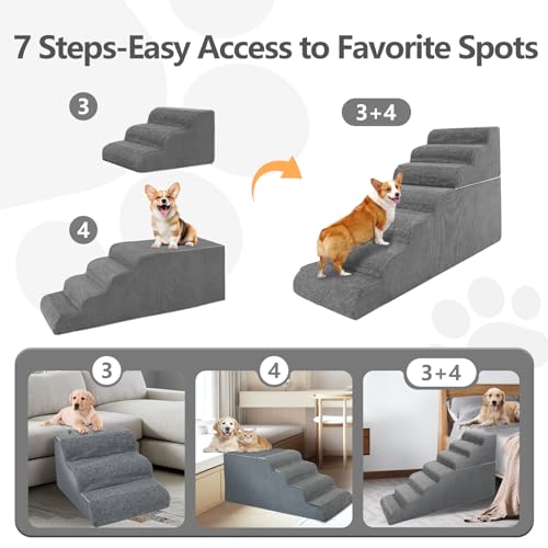 Image of ABORON 7-Step Dog Stairs for High Beds, 29.5 in Tall Pet Steps | Wide 17.7 in steps use reinforced PE support boards, high-density foam, a non-slip base and removable washable cover.
