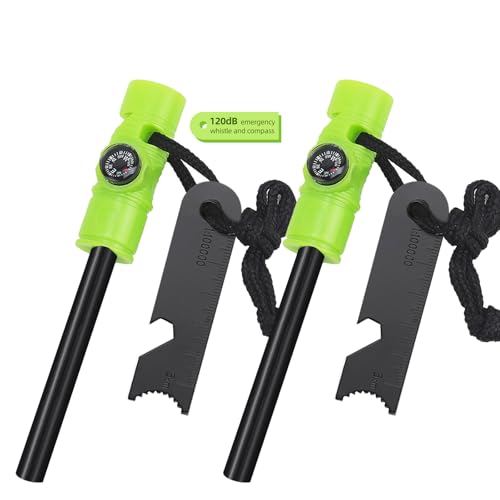 Flint and Steel Fire Starter Kit, 2Pcs Glow in the Dark 5-in-1 Multifuctional Fire Steel with Compass Scale Scraper Whistle Magnesium Ferro Rod Fire Striker Survival Tool for Travelling Camping Hiking