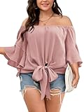 SHESTARR Womens Plus Size Off The Shoulder Blouse Tops Half Sleeves Tie Front Sexy Flowy Top Pink