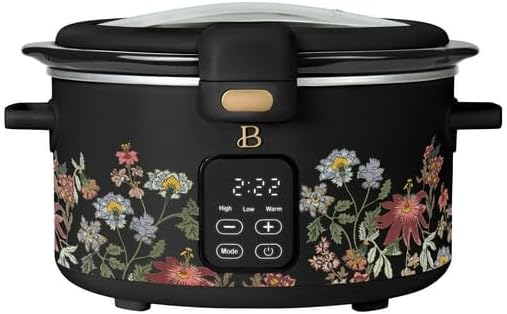 Beautifull 4-Qt Programmable Slow Cooker with Hinged Locking Lid & Touch Display – 3 Heat / 4 Timer Settings (Wildflower Black)