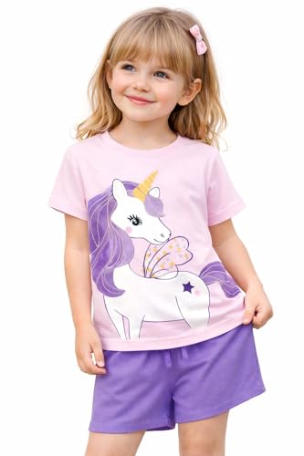 Image of HILEELANG Girls Cotton Short Set Summer 2 Piece Outfit T Shirt Shorts | 100% Cotton, Soft Breathable Fabric, 2 Piece Outfit Set, Elastic Waist, Summer Comfort for Toddler Little Girls