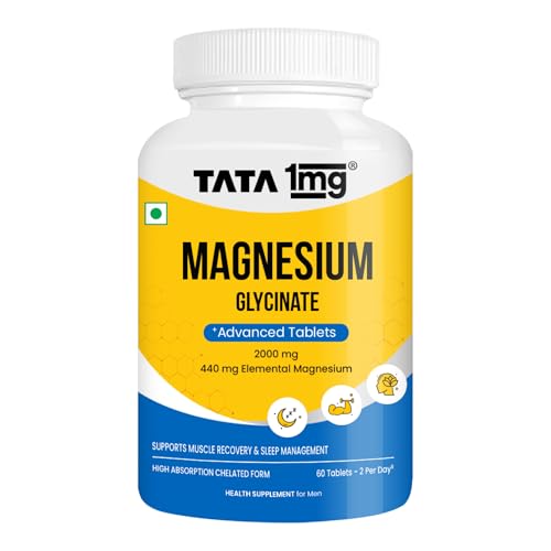 Image of Tata 1mg Magnesium Glycinate Tablets |2000mg | High Absorption Chelated form for Muscle Recovery, Sleep & Nerve Health | 2000mg Per Serving - 60 Veg Tablets