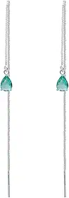 Brinco Fio Passante Longo Pedra Verde Agua Banhado Prata 925