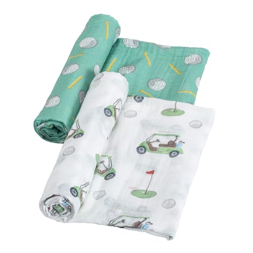 Image of LollyBanks Swaddle Blanket 100% Cotton, 2 Pack Muslin Swaddle Blankets, 47 x 47 inches Baby Swaddles for Boys and Girls, Lightweight Baby Blanket, Registry (Golf Print)