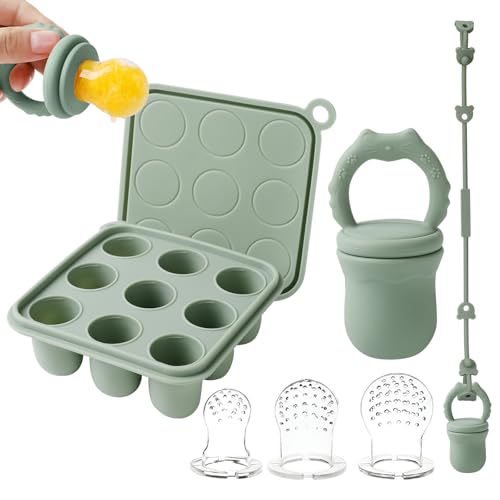 Image of Eoopoon Baby Fruit Food Feeder Teether & Baby Food Freezer Tray Combo, Teething Popsicle Molds for Babies 4-6, 12 Months with Silicone Toy Strap, Food Feeder for Infant Self Feeding, BPA Free(Sage)