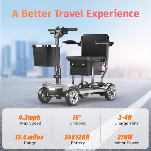 Image of 43lb Lightweight Mobility Scooter for Seniors - Airline & Cruise Approved | Foldable Portable Travel Motorized Scooters for Adults Elderly 4 Wheel with Removable Battery, 12.4MI, 300lb Capacity, Silver