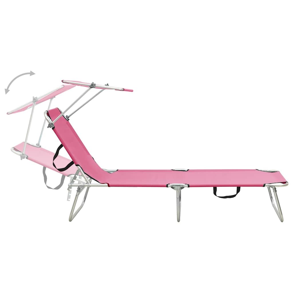 Klappliege mit Sonnendach Rosa pulverbeschichtetes Aluminium 187 x 57,5 x 27 cm Gartenliege Sonnenschutz Outdoor Liegestuhl für Terrasse Pool Strand 110 kg