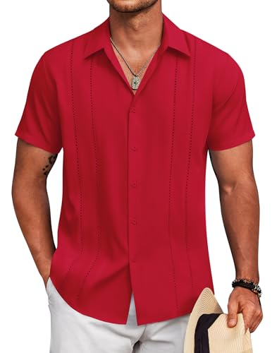 Image of COOFANDY Mens Cuban Guayabera Shirt Short Sleeve Button Down Shirts Summer Beach Vacation Shirts