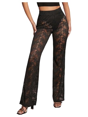 Milumia Women's Floral Lace Elastic High Waist Pants Sexy See Through Straight Leg Trousers