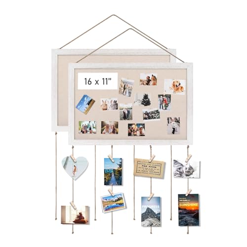 Emfogo Paquete de 2 tableros de anuncios de corcho, 16 x 11 pulgadas, tableros de corcho de lino blanco para paredes con marco blanco, tablero de visión para decoración del hogar, cocina, escuela