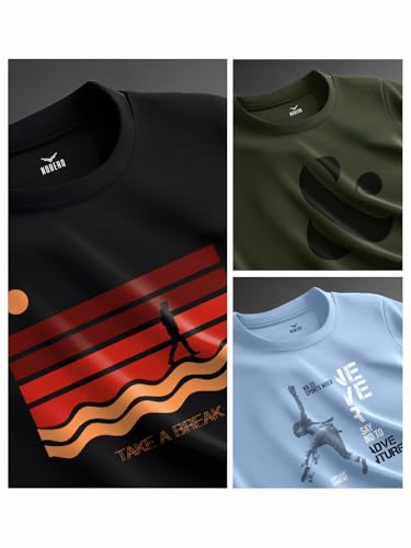 Image of Nobero 100% Cotton Tshirts for Men Combo Pack of 3 | Regular Fit | Printed | Round Neck Half Sleeve