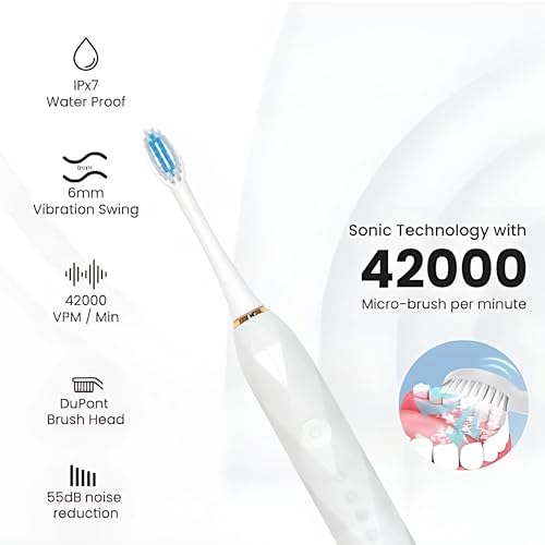 Image of X-9 Sonic Electric Toothbrush For Men & Women Reachargeable With 4 Brush Heads And Charging Cable 6 Brushing Modes Upto 42000 Strokes Per Minute 2 Minutes Smart Timer 30 Seconds Zone Change Reminder IPX-7 Waterproof 55DB Noise Reduction 1 Year Warranty (White)