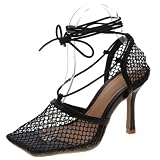 Women's Sexy Square Toe Mesh Ankle Cross-Tied High Heels Rome Sandals Breathable Fishnet Lace Up Stiletto Dress Shoes, Black Size 7.5-8
