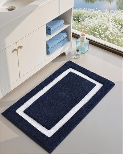 Image of Color&Geometry Navy Blue Bathroom Rugs 36x24, Extra Soft Absorbent Microfiber Bath Rugs, Non-Slip Bathroom mat, Washable Plush Bath Mats for Bathroom, Shower, Bathtub, Laundry, Blue White
