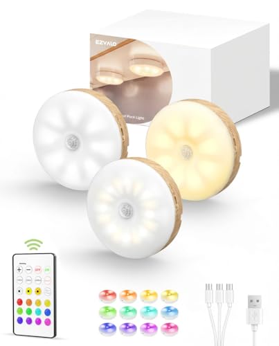 Image of EZVALO Under Cabinet Lighting, 1000mAh Rechargeable Puck Lights with Remote, 3 Color Temps & 12 RGB Motion Sensor Closet Lights, Dimmable Under Cabinet Lights for Kitchen, Cabinets, Closet (3 Packs)