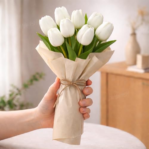 Image of Divyakosh Artificial White Tulip Flower with 5 Tulips (Vase not Included) - Realistic Decorative Flowers for Home Decor, Living Room, Bedroom, Office, Wedding Decoration, Table Centerpiece & Gifting