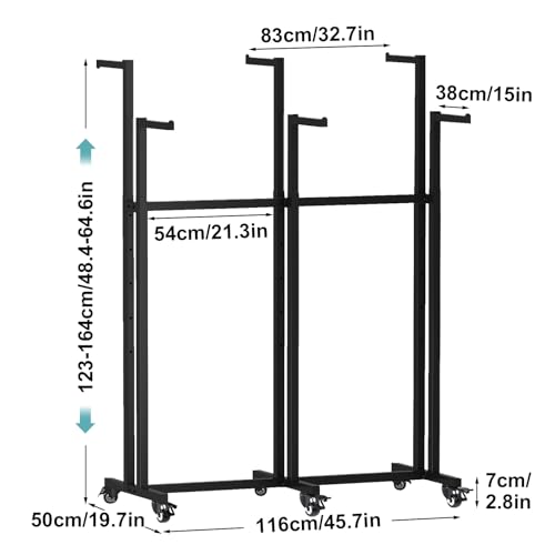Vrietina Floor Standing Metal Garment Rack, 6 Arms Clothing Display Rack with Wheels, Heavy Duty 48\'\' to 64\'\' Adjustable Height Retail Clothes Rack Rolling Shirt Rack for Hanging Clothes, Black - Thumbnail 5