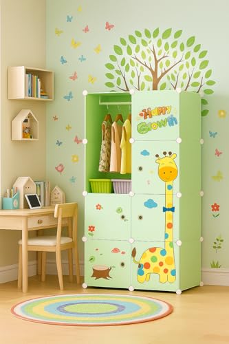Image of Mevigo Plastic Wardrobe for Kids and Baby-Cupboard for Clothes, Almirah for Clothes, Baby Collapsible Wardrobe, Multi-Purpose Kids Storage Rack for Home Books,Toy,Living Room (Green-Q4, 8- Door)