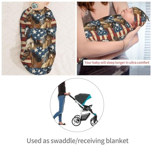 Image of Horses On American Flags Newborn Swaddle Blankets Hat Sets Soft Baby Receiving Blanket Swaddle Sack for Baby Shower Infant Boy Girl Gift