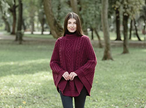 Image of SAOL 100% Merino Wool Cable Knit Ladies Irish Aran Poncho Cardigan