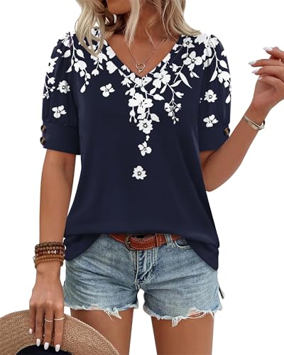 Image of OFEEFAN Womens Tops Short Sleeve Shirts Buttons V Neck Spring Fashion Summer Outfits Plus Size Blouses Dressy Casual