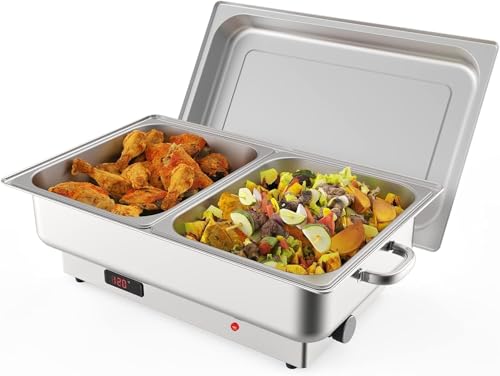 Image of Electric Chafing Dish Buffet Set, 2 x 4.5 QT Half-Size Stainless Steel Food Warmer with Temperature Control Display, Rectangular Commercial Chafer for Parties, Catering, Festivals