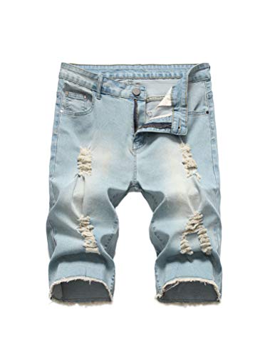 Image of PASOK Men's Casual Denim Shorts Distressed Stretchy Jeans Shorts Ripped Short Pants