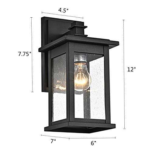 Image of MICSIU 2 Pack Matte Black Outdoor Wall Sconce, 12 Inch Vintage Farmhouse | Square Exterior Light Fixtures with Clear Seedy Glass, Waterproof Outside Wall Mountnt Light for House, Porch, Garage