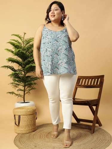 Image of Women Plus Size Navy Blue Floral Print Shoulder Strap A-line Top & Tunic 2XL /3XL /4XL /5XL /6XL /7XL /8XL