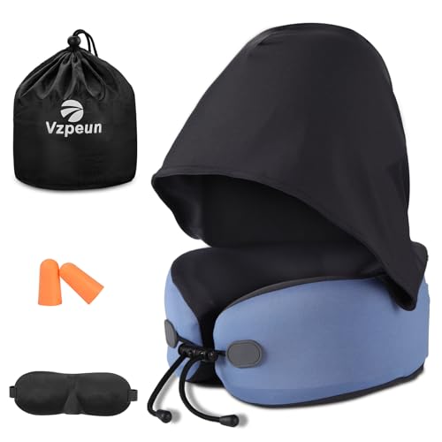 Image of Neck Pillow for Travel - Hooded Memory Foam Plane Pillow for Airplane, Office, Cars Sleeping, Road Trip, Long Flights, Portable Plane Accessories, Includes Eye Mask & Earplugs (Blue)