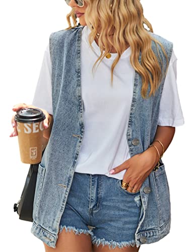 Womens Oversized Sleeveless Jean Denim Jacket Button Down Vest Top for Women Summer Waistcoat Jeans Vests Tops