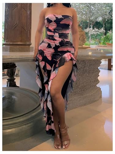 Image of Verdusa Women's Butterfly Print Ruffle Dress Thigh Split Strapless Bodycon Tube Dress