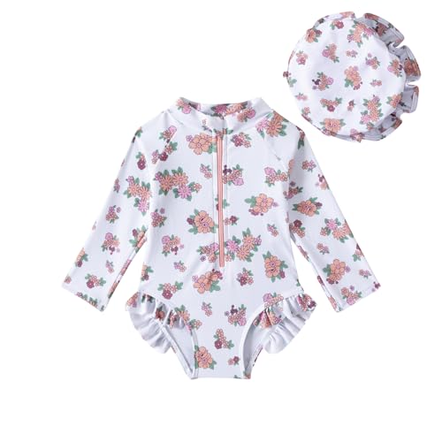 Goodplayer Baby Girl Swimsuit One-Piece Long Sleeve Rash Guard with Hat Set Zipper Bathing Suit