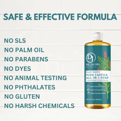 Dr. Jacobs Naturals All-Purpose Castile Cleaner - Safe, Effective Plant-Based Formula For Surfaces, Floors, And Appliances. Eco-Friendly, Vegan, Sulfate Free Soap Made For Your Home And The Planet (Peppermint, 32 Fl Oz (Pack Of 1)) #TOP3