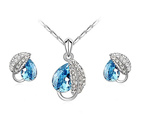 Habors 18K White Gold Plated Blue Austrian Crystal Leaf Pendant Set (Jfcomd026) (Valentine Gift)
